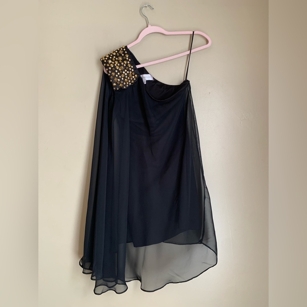 Dress The Population Little Black Dress Swing Sheer One Shoulder Gold Studs Goth